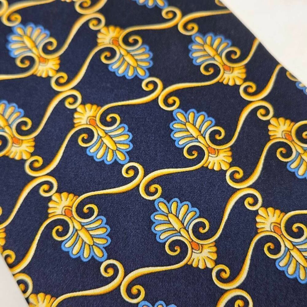 LUGANO ITALIA HAND MADE SILK TIE NAVY BLUE GOLD BAROQUE LUXURY 3.5" X 60" - Picture 2 of 4
